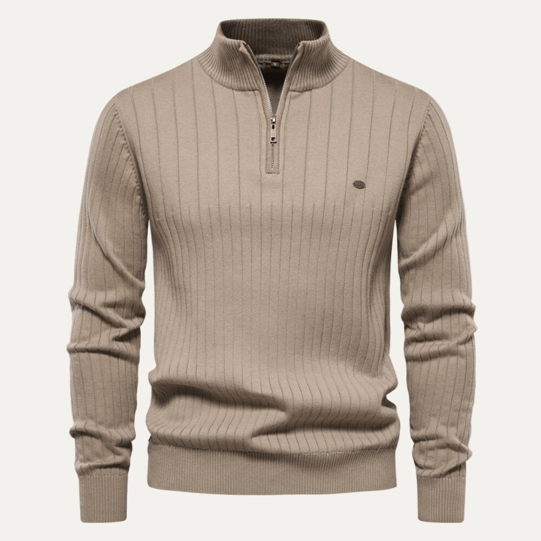 VogeLuxe | Men’s Ribbed Stand Collar Zip Sweater
