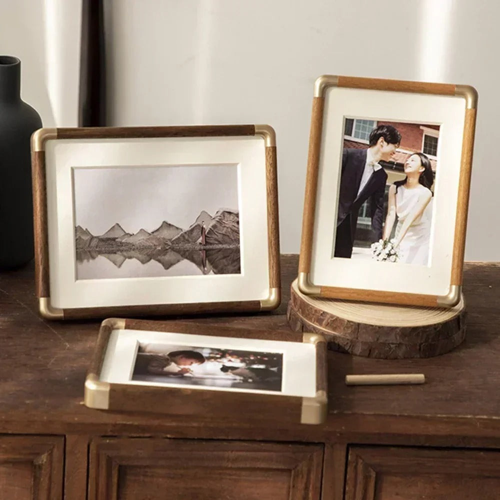 Rustic Wooden Picture Frame | Classic Brass Accent - VogeLuxe