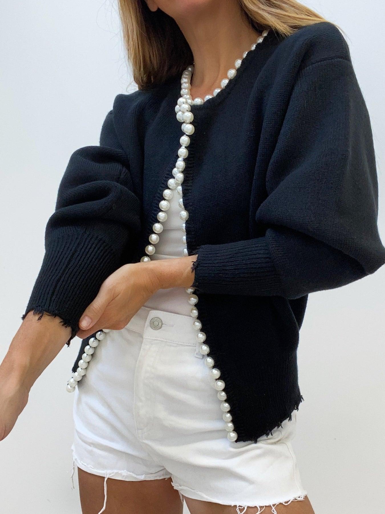 Cozy Winter Ripped Knit Cardigan with Pearls - VogeLuxe