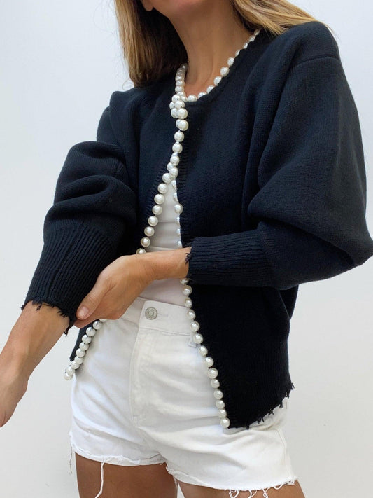 Cozy Winter Ripped Knit Cardigan with Pearls - VogeLuxe