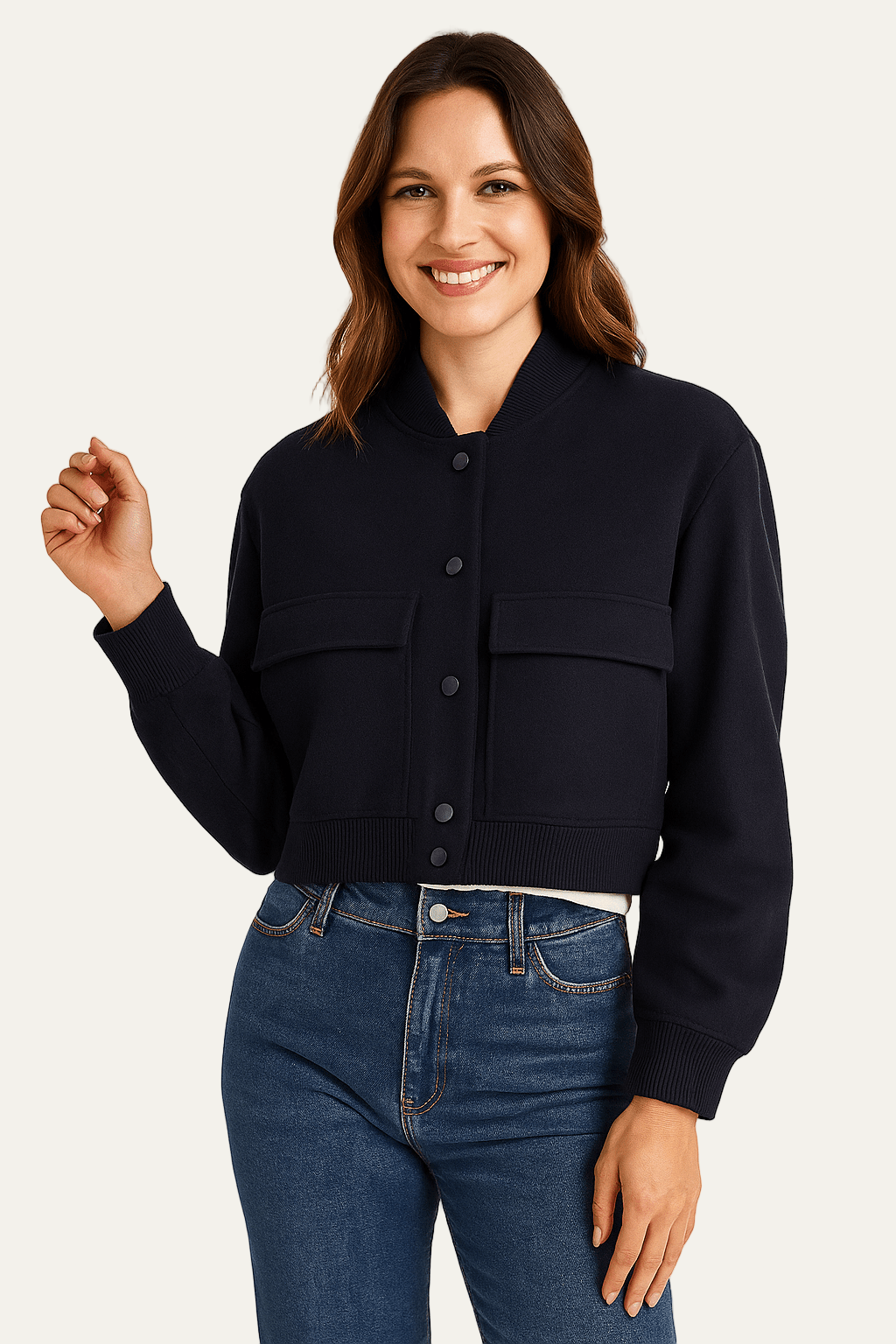 VogeLuxe | Women’s Cropped Snap Button Bomber Jacket