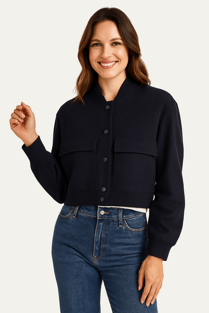 VogeLuxe | Women’s Cropped Snap Button Bomber Jacket
