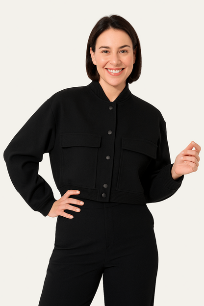 VogeLuxe | Women’s Cropped Snap Button Bomber Jacket