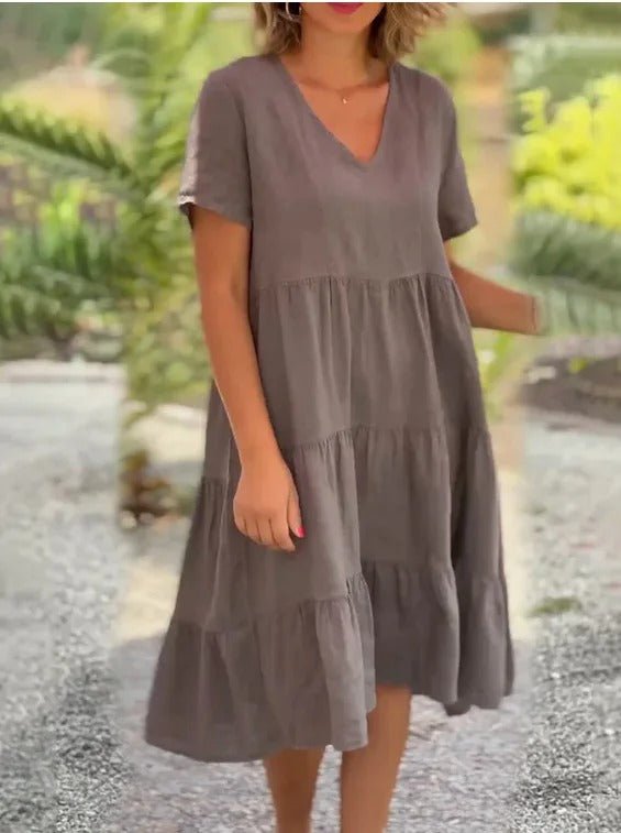 Women's Chic Summer Midi Dress with V Neckline - VogeLuxe
