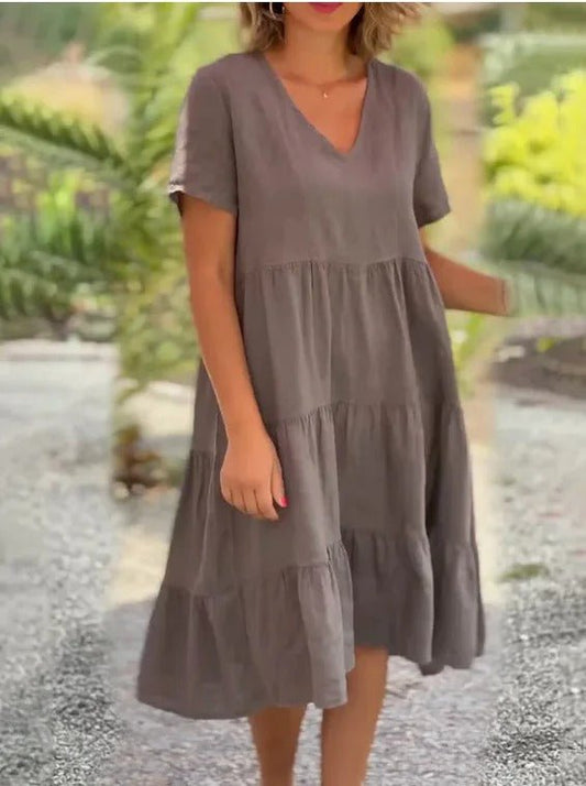 Women's Chic Summer Midi Dress with V Neckline - VogeLuxe