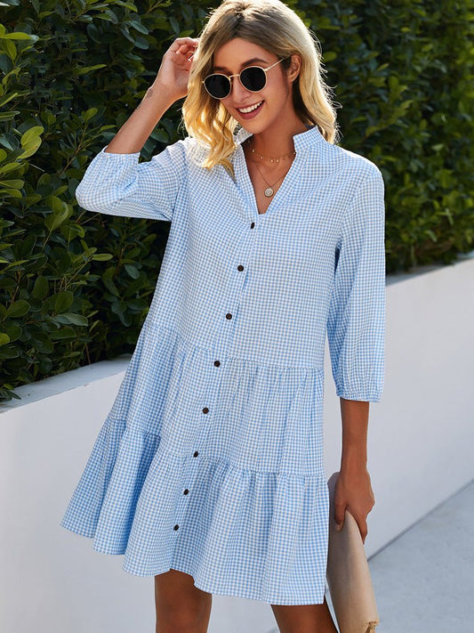 Women's Casual Plaid Summer Dress with Scoop Neck - VogeLuxe