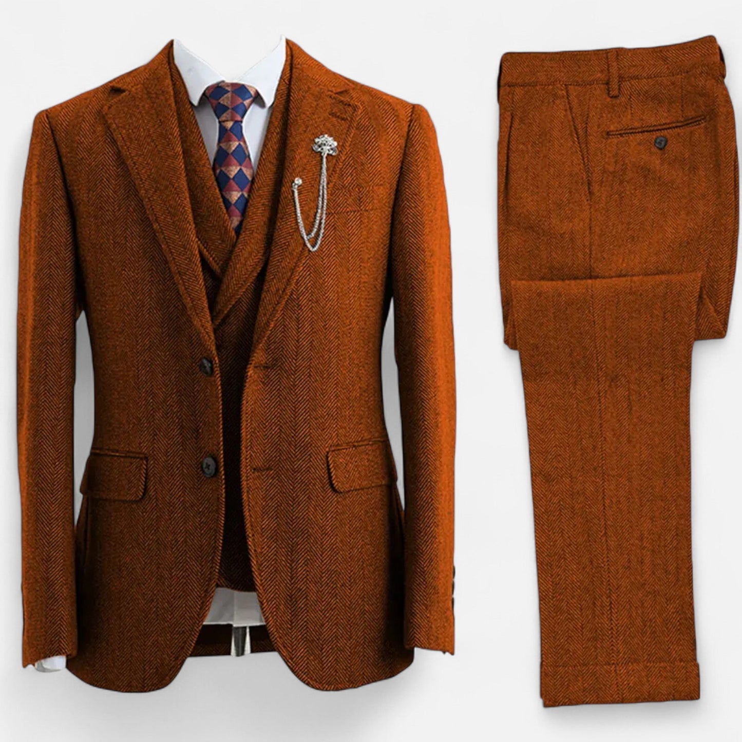 Classic Men's 3-Piece Wool Herringbone Suit