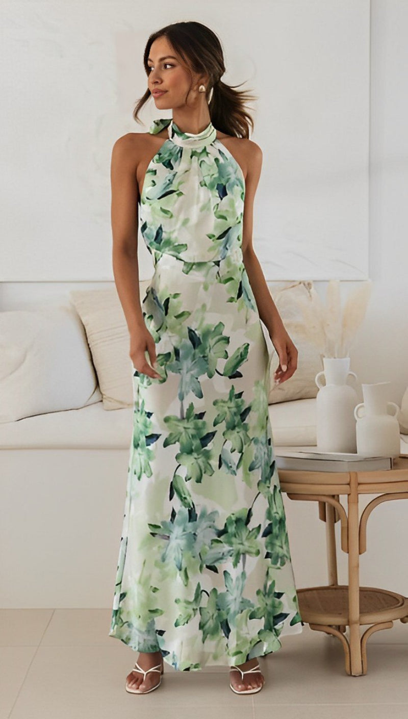 Women's Lightweight Floral Maxi Dress with High Neck
