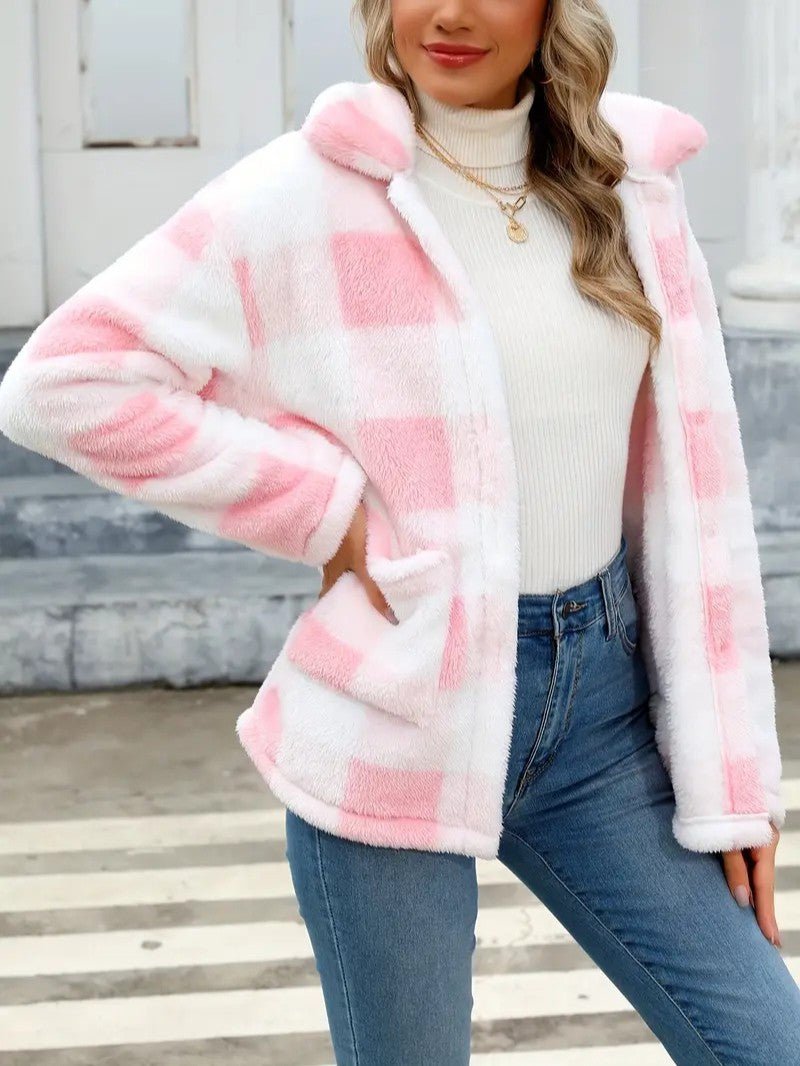 VogeLuxe | Women’s Teddy Check Fuzzy Shacket