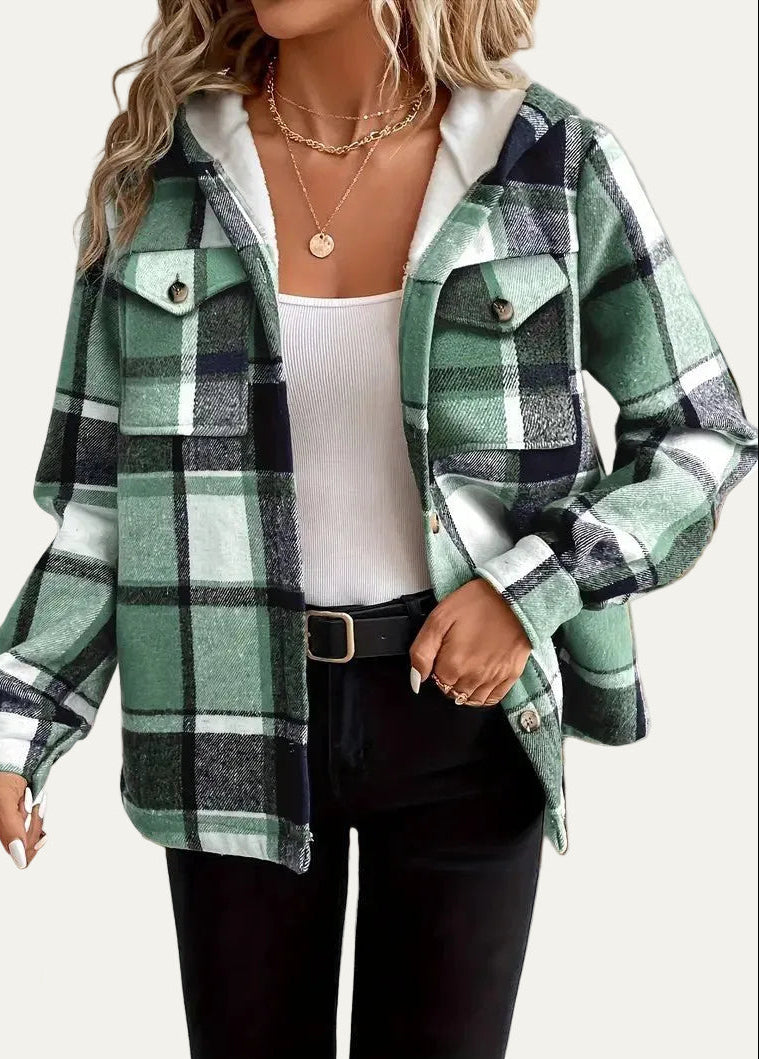 VogeLuxe | Women’s Hooded Sherpa Lined Flannel Shacket