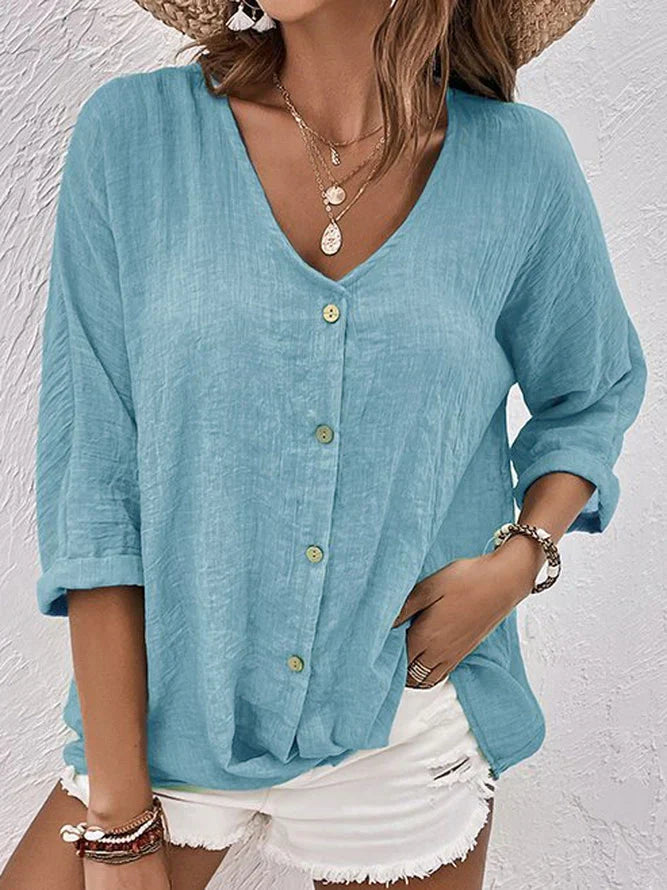 Classic Ladies Linen V Neck Shirt - VogeLuxe