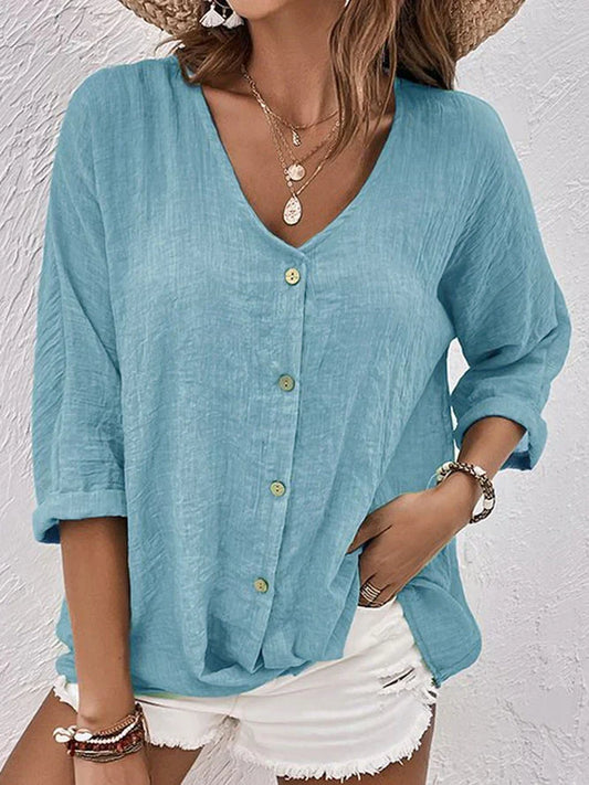 Classic Ladies Linen V Neck Shirt - VogeLuxe