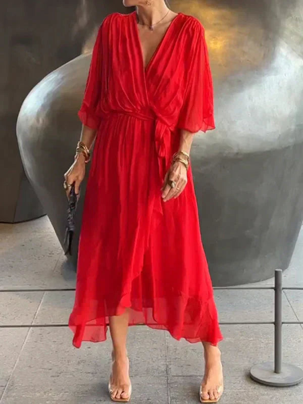 Luxurious V-Neck Silk Dress for Ladies