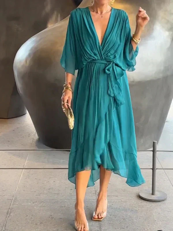 Luxurious V-Neck Silk Dress for Ladies