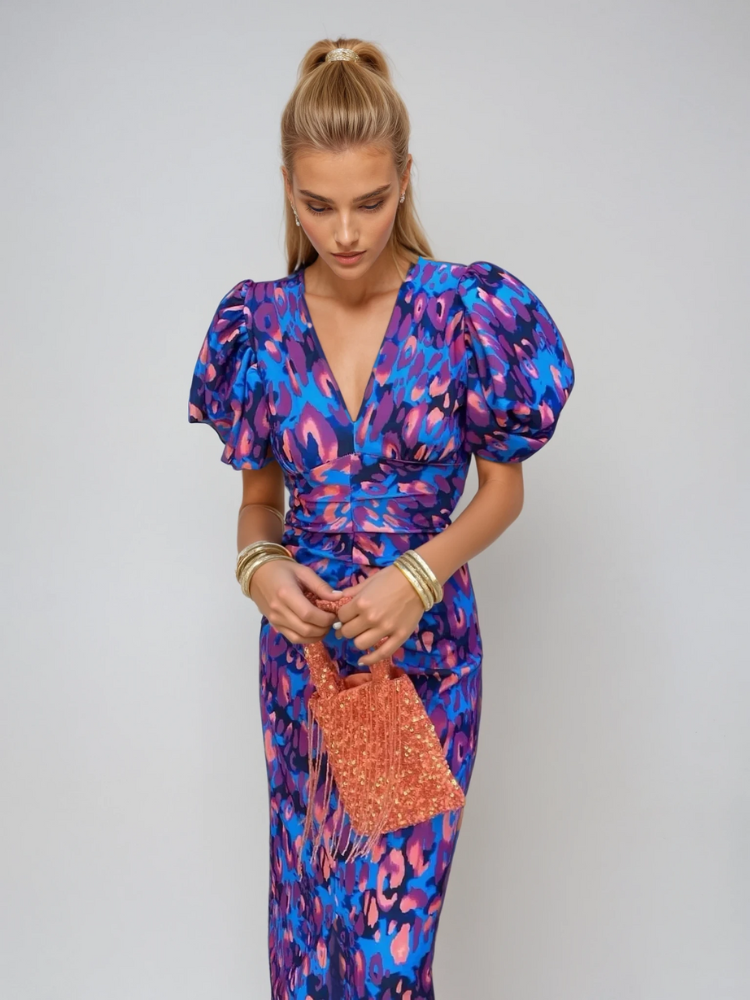 Fashionable Ladies Floral Puff Sleeve Dress - VogeLuxe