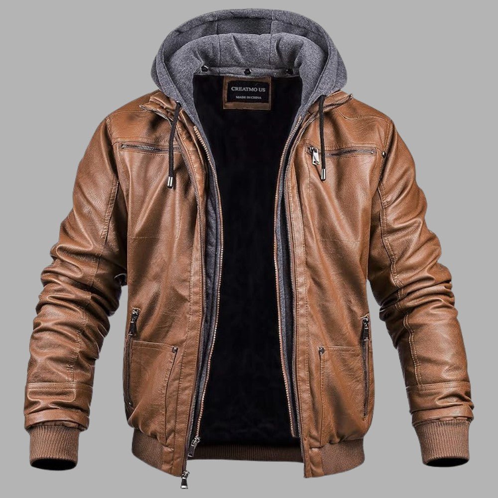 VogeLuxe | Men’s Leather Bomber Jacket With Hood