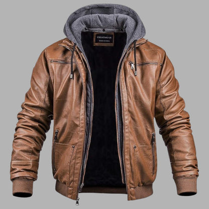 VogeLuxe | Men’s Leather Bomber Jacket With Hood