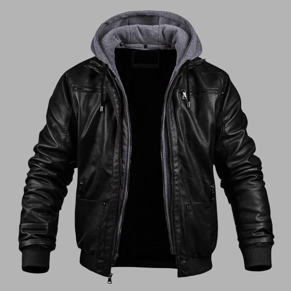VogeLuxe | Men’s Leather Bomber Jacket With Hood