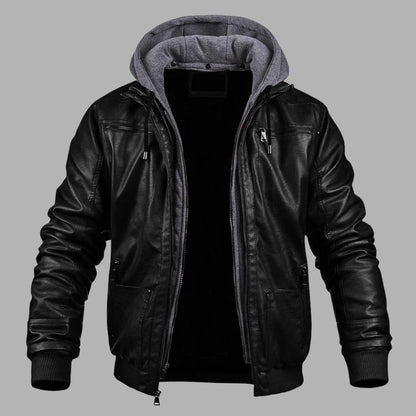 VogeLuxe | Men’s Leather Bomber Jacket With Hood