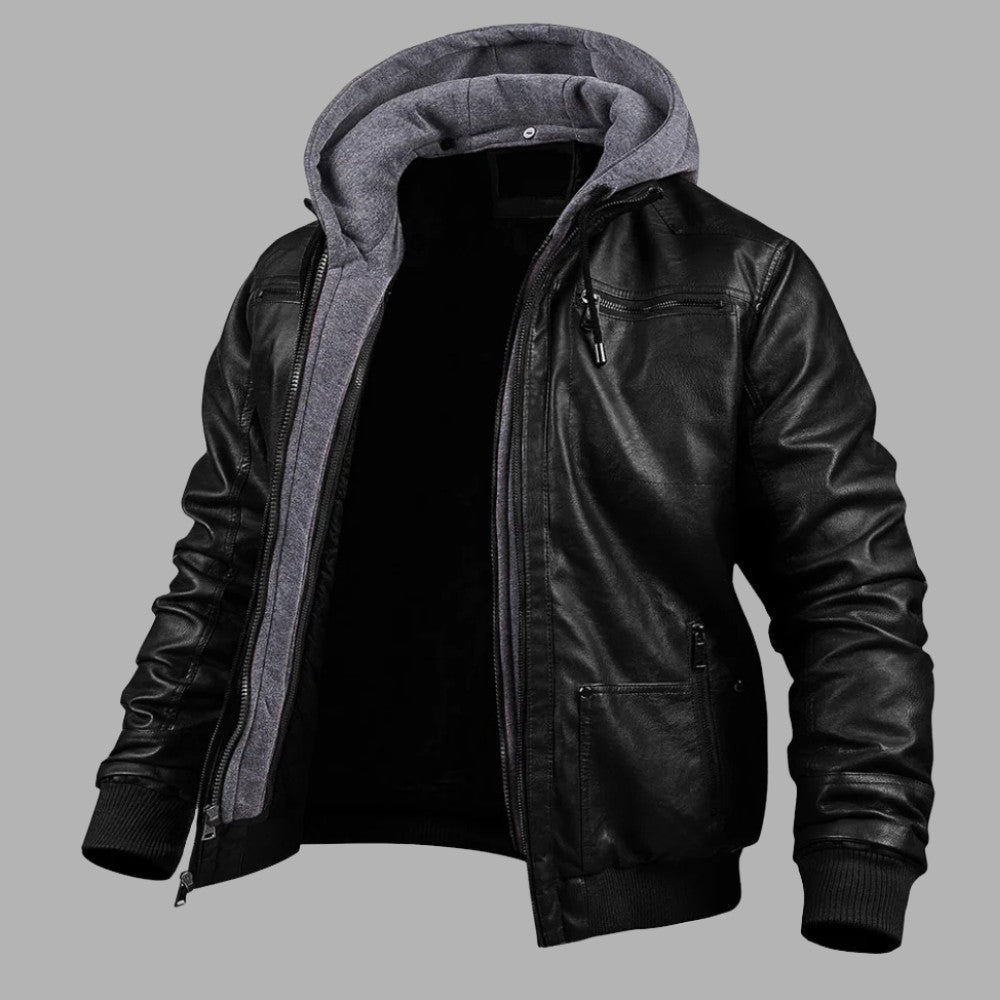 VogeLuxe | Men’s Leather Bomber Jacket With Hood