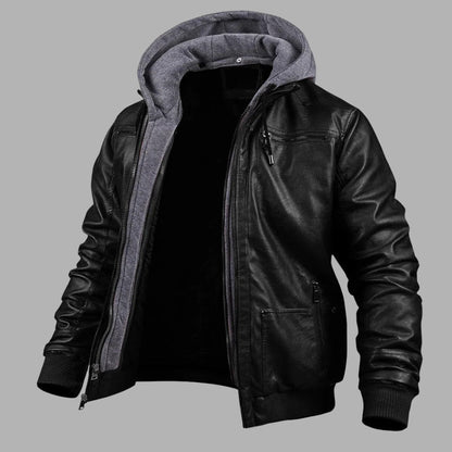 VogeLuxe | Men’s Leather Bomber Jacket With Hood