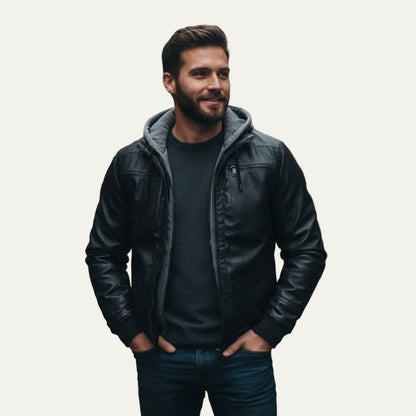 VogeLuxe | Men’s Leather Bomber Jacket With Hood