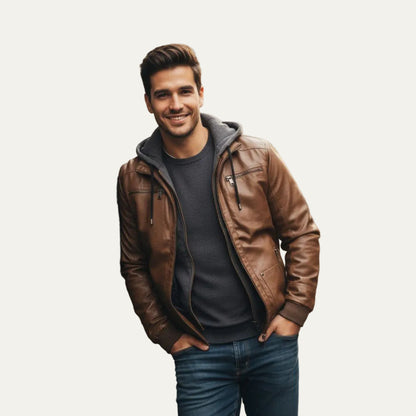 VogeLuxe | Men’s Leather Bomber Jacket With Hood
