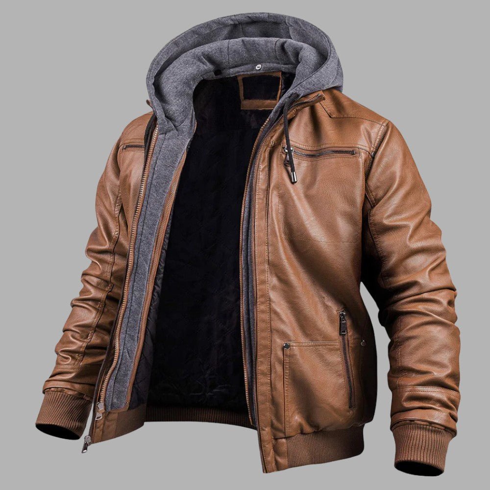VogeLuxe | Men’s Leather Bomber Jacket With Hood