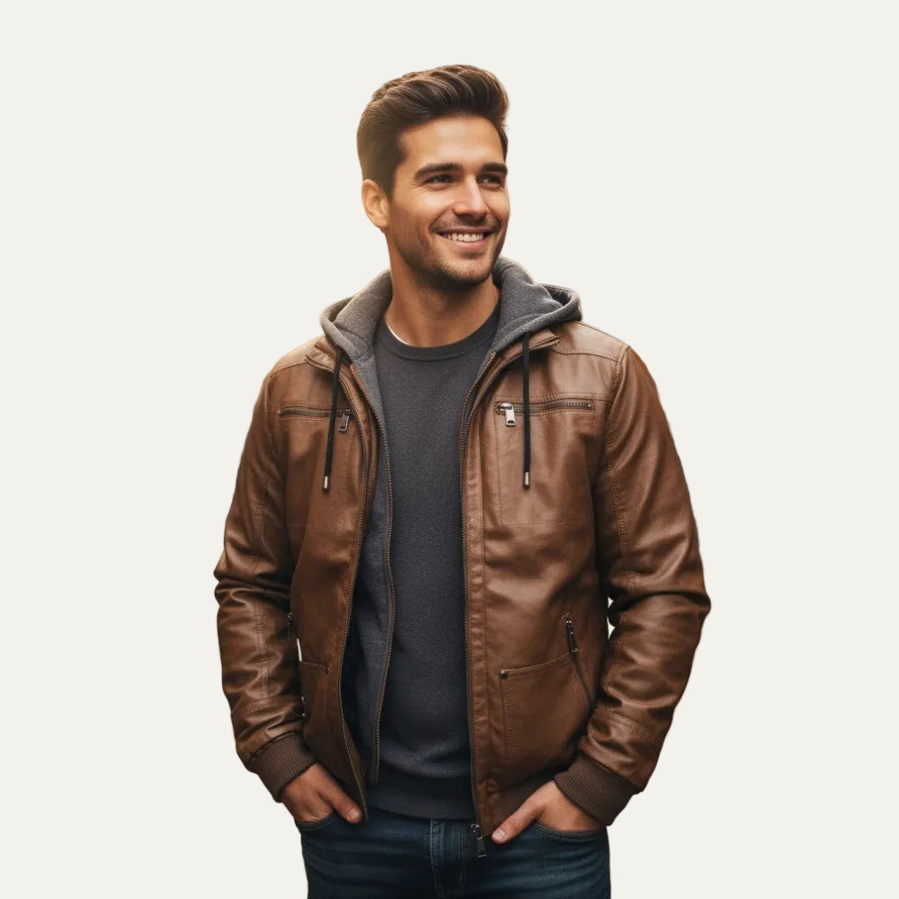 VogeLuxe | Men’s Leather Bomber Jacket With Hood