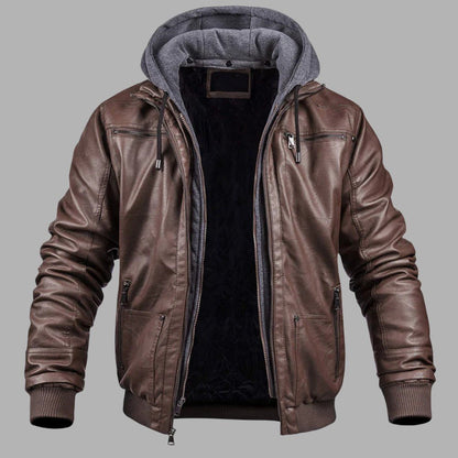 VogeLuxe | Men’s Leather Bomber Jacket With Hood