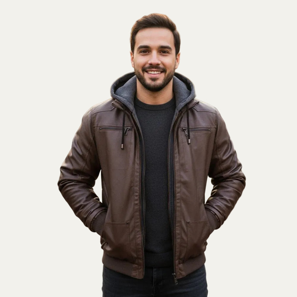 VogeLuxe | Men’s Leather Bomber Jacket With Hood