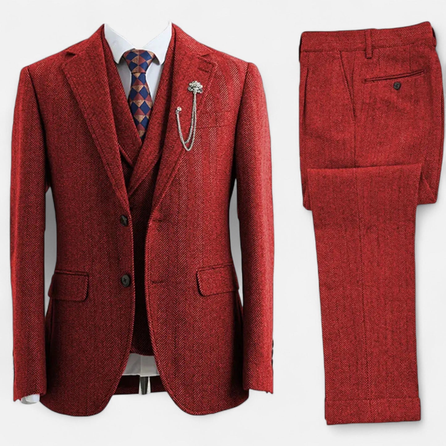 Classic Men's 3-Piece Wool Herringbone Suit