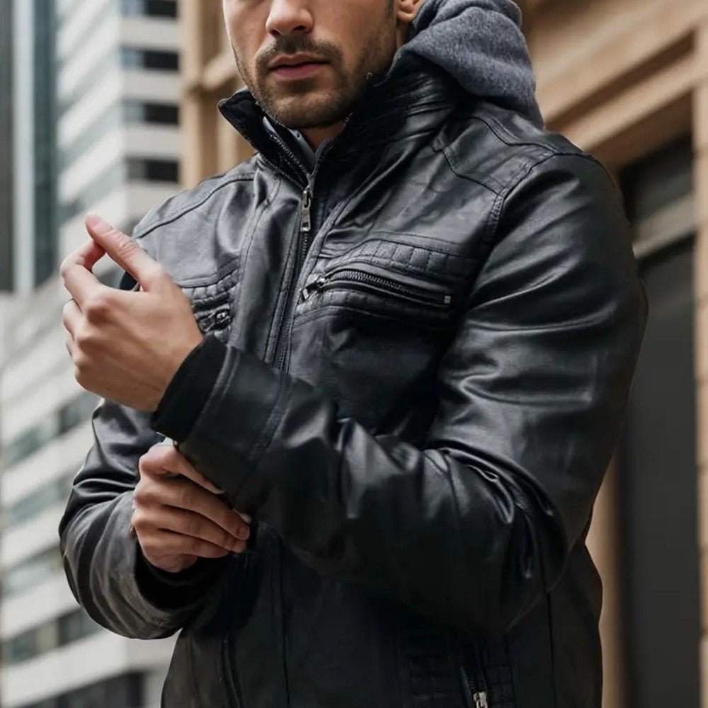VogeLuxe | Men’s Retro Hooded Faux Leather Bomber Jacket