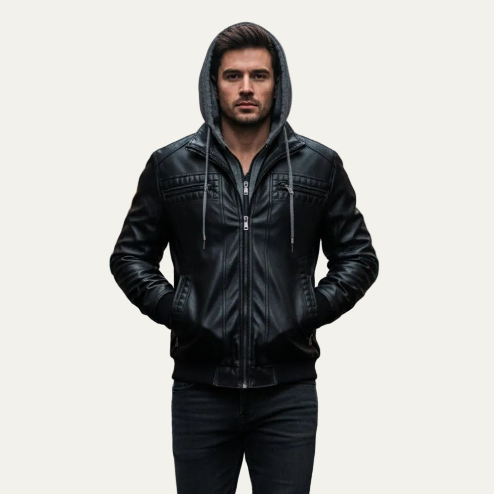 VogeLuxe | Men’s Retro Hooded Faux Leather Bomber Jacket
