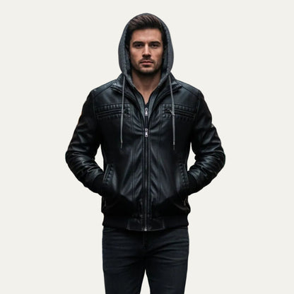 VogeLuxe | Men’s Retro Hooded Faux Leather Bomber Jacket