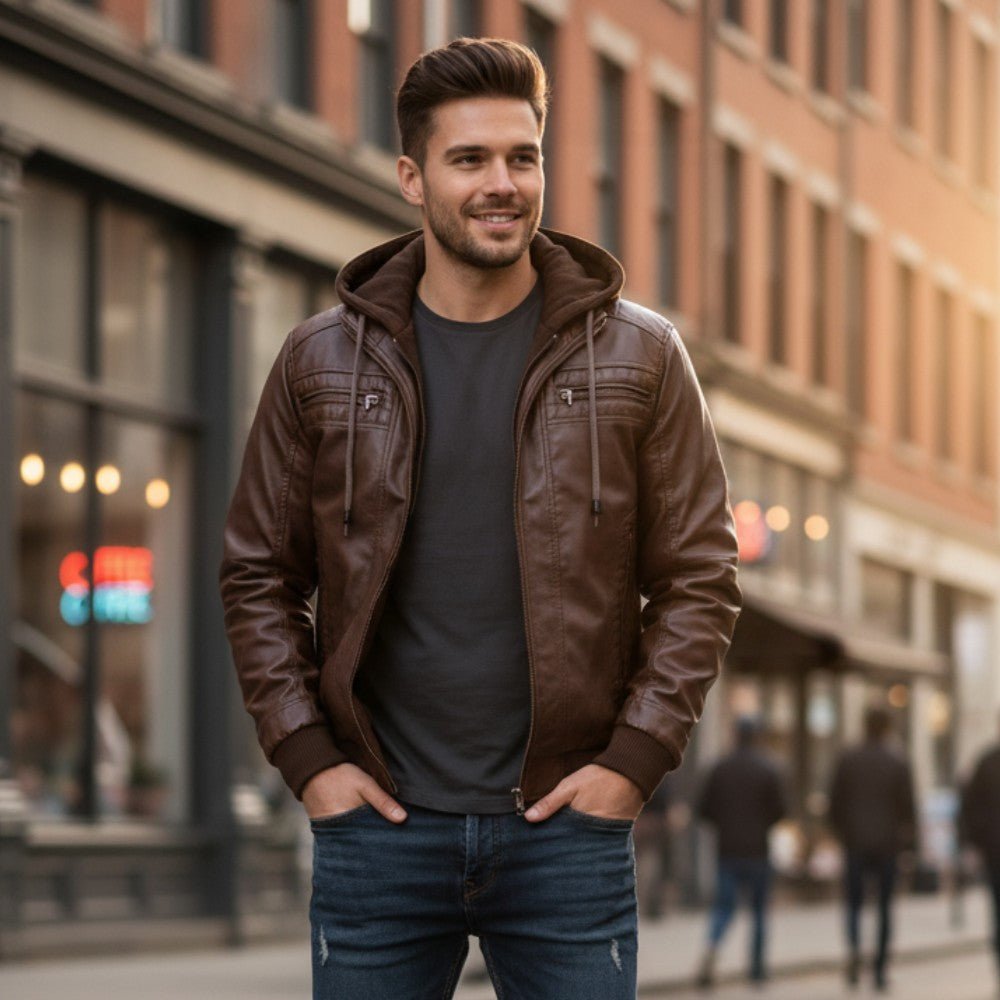 VogeLuxe | Men’s Retro Hooded Faux Leather Bomber Jacket