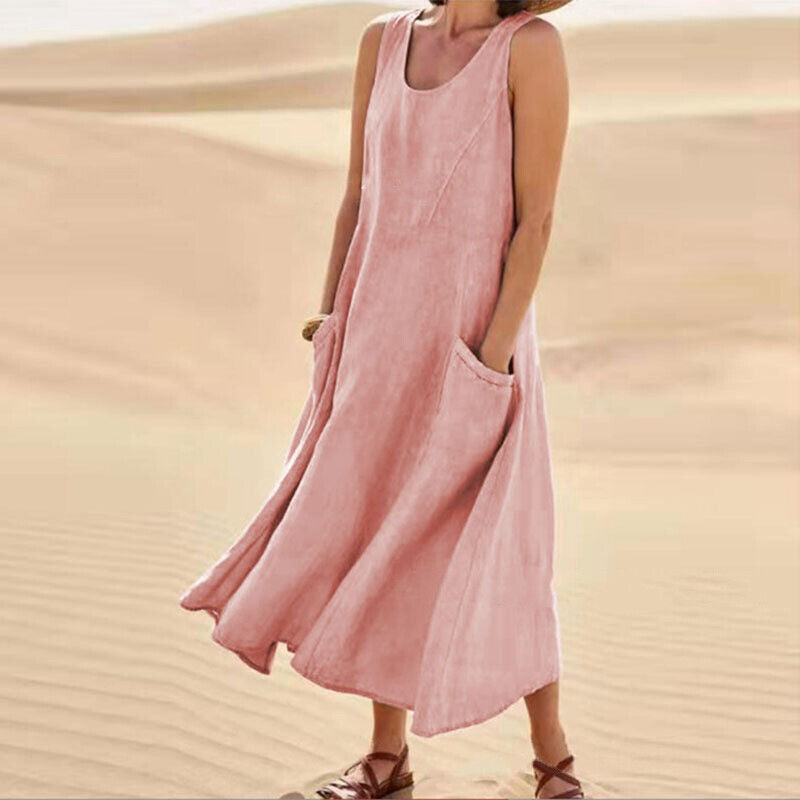 Ladies' Casual Midi Dress with Pockets for Summer