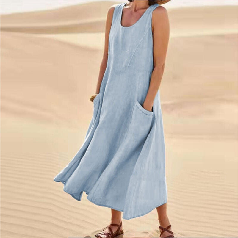 Ladies' Casual Midi Dress with Pockets for Summer