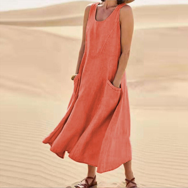 Ladies' Casual Midi Dress with Pockets for Summer