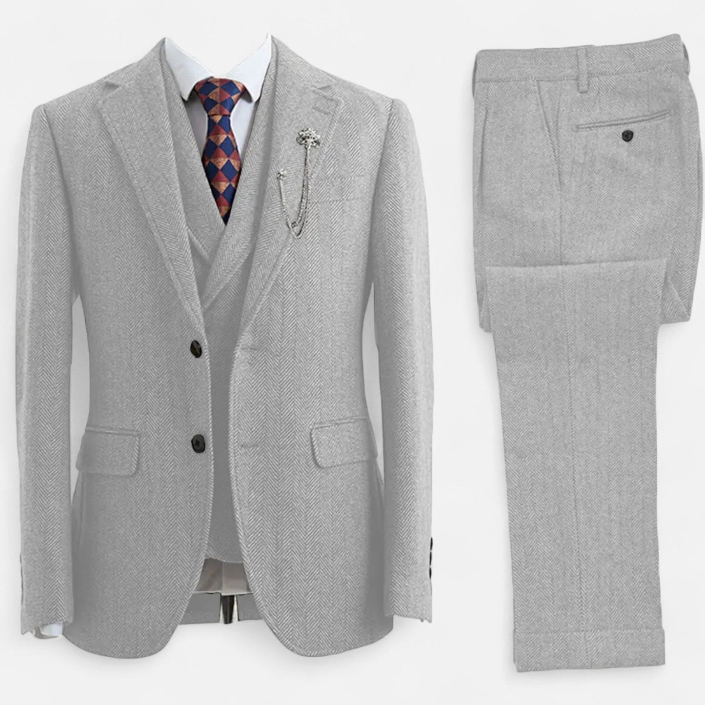 Classic Men's 3-Piece Wool Herringbone Suit