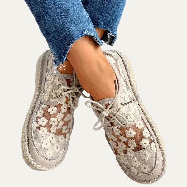 VogeLuxe | Women’s Lace Up Mesh Platform Shoes with Floral Embroidery