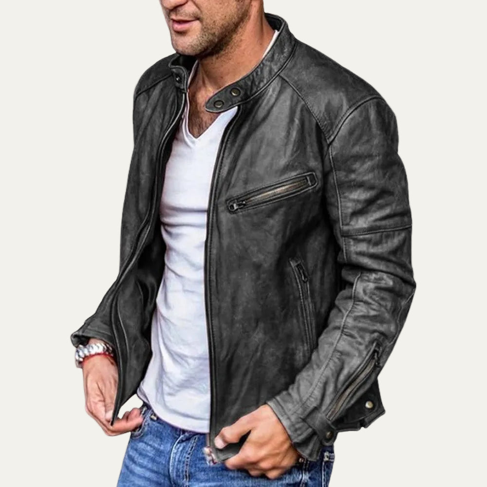 VogeLuxe | Men’s Leather Stand Collar Racer Jacket