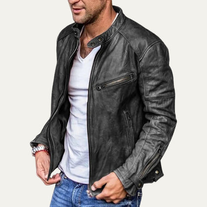 VogeLuxe | Men’s Leather Stand Collar Racer Jacket