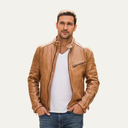 VogeLuxe | Men’s Leather Stand Collar Racer Jacket