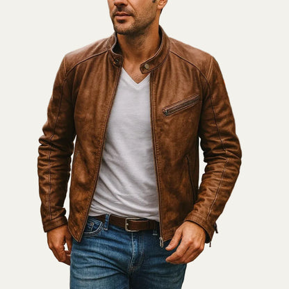 VogeLuxe | Men’s Leather Stand Collar Racer Jacket