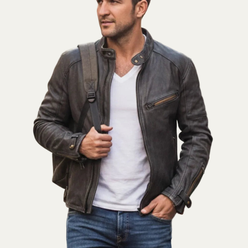 VogeLuxe | Men’s Leather Stand Collar Racer Jacket