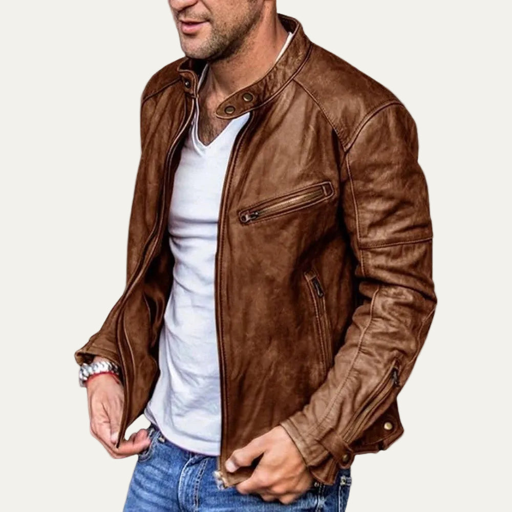 VogeLuxe | Men’s Leather Stand Collar Racer Jacket