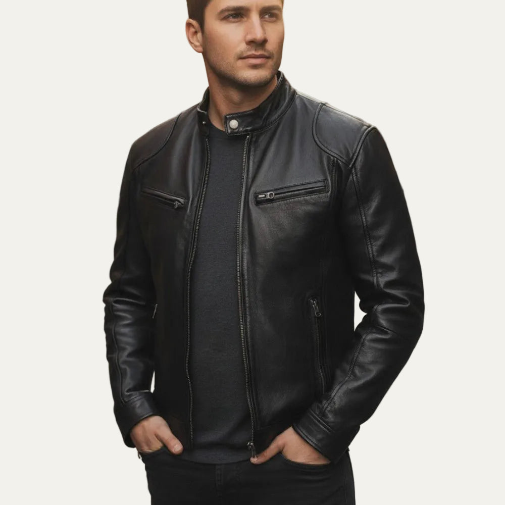 VogeLuxe | Men’s Minimalist Leather Cafe Racer Jacket