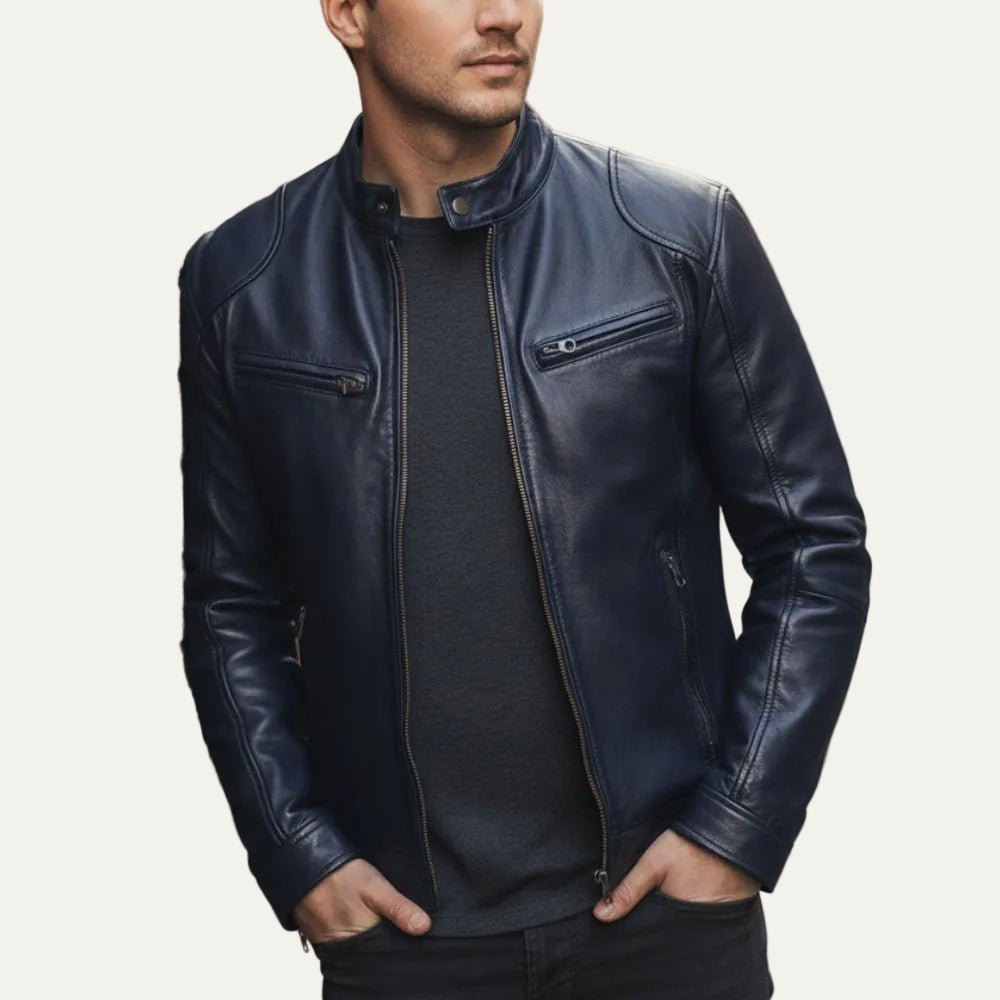 VogeLuxe | Men’s Minimalist Leather Cafe Racer Jacket