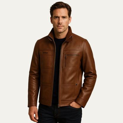 VogeLuxe | Men’s Zip Up Leather Jacket with Stand Collar